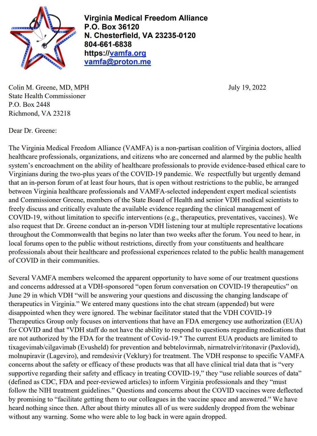 VAMFA Letter to VA Health Commissioner Greene